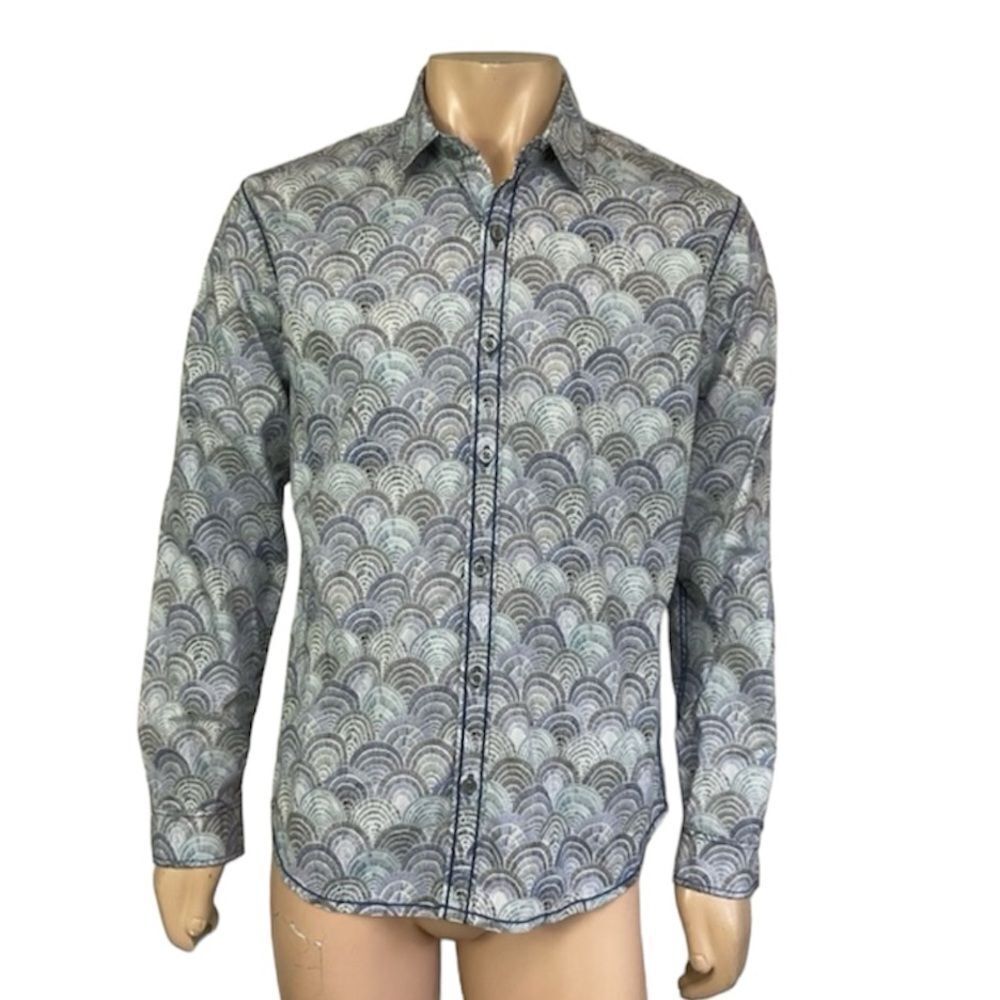 Tori Richard Shell / Waves Print Hawaiian Long Sleeve Sport Shirt in Blue Size M